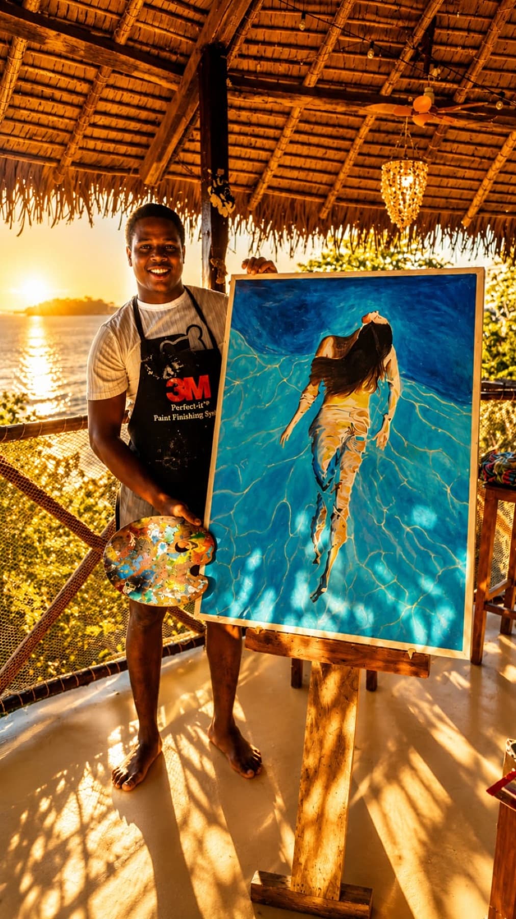 Zago, sa palette à la main, se tient à côté de sa peinture posée sur un chevalet, devant la mer au coucher du soleil.