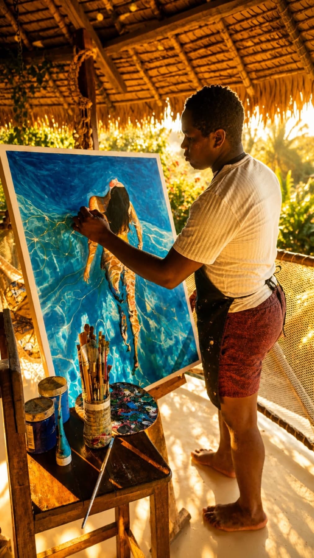 Zago, pinceau à la main, peint sa toile sur un chevalet sous le toit de palmes de son atelier ouvert sur la végétation de Nosy Komba.